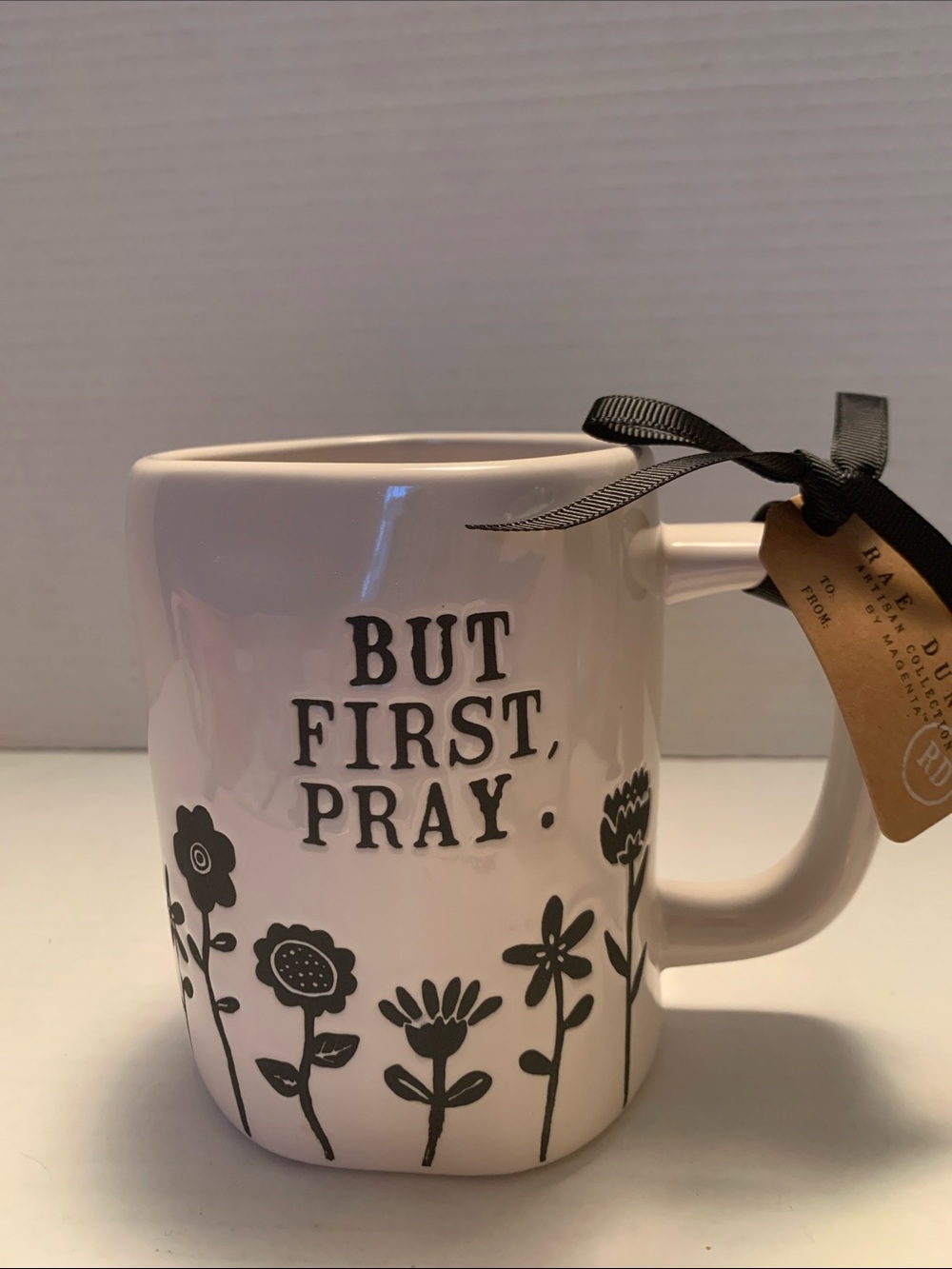 Rae Dunn White Ceramic Mug with Etched Black Floral “But First, Pray” NEW